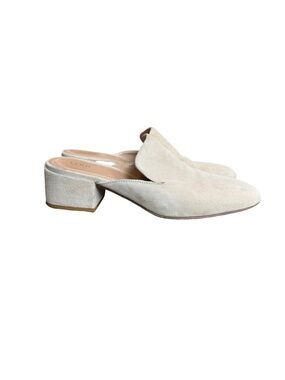 Lewit Cream Suede Almond Toe Block Heel Mules Loafer Backless Low Size 7 Women's